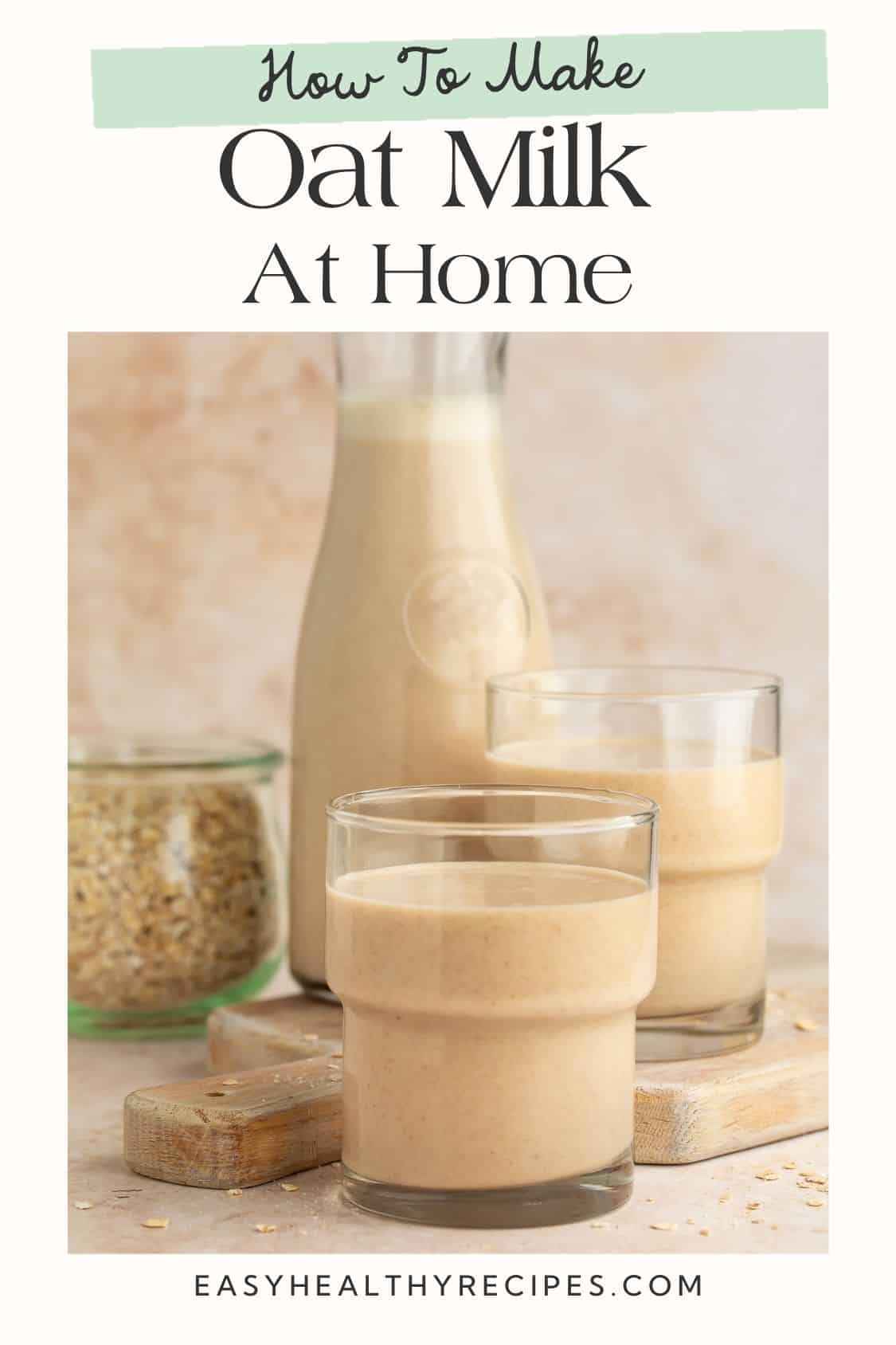 Glass of oat milk in front of another glass and glass pitcher of oat milk, laid into a Pinterest pin graphic.