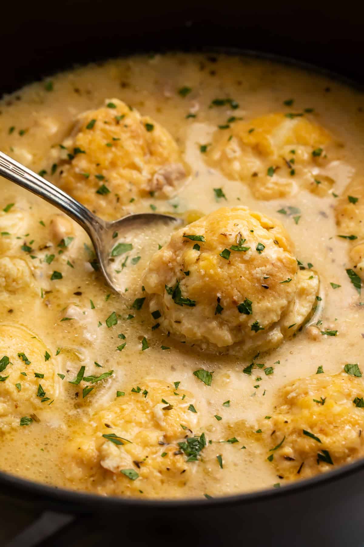Spoon lifting a dumpling out of a Dutch oven of chicken and dumplings.