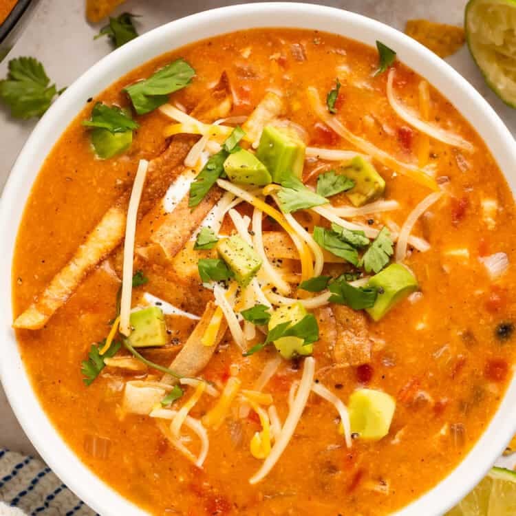Close up of a white bowl of tortilla soup topped with avocado, shredded cheese and cilantro.
