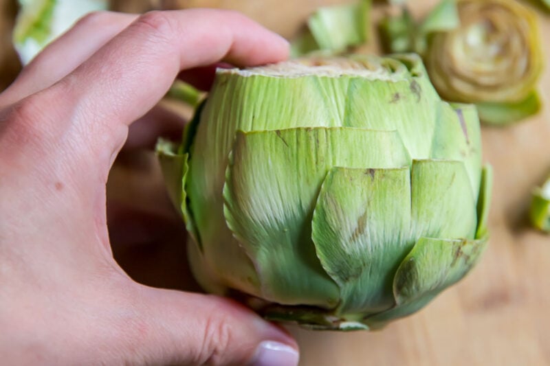 Snip off sharp thorns from tips of artichoke petals.