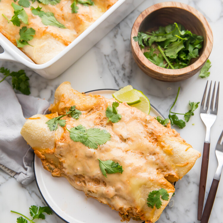 Two creamy chicken enchiladas on a plate with cilantro on top