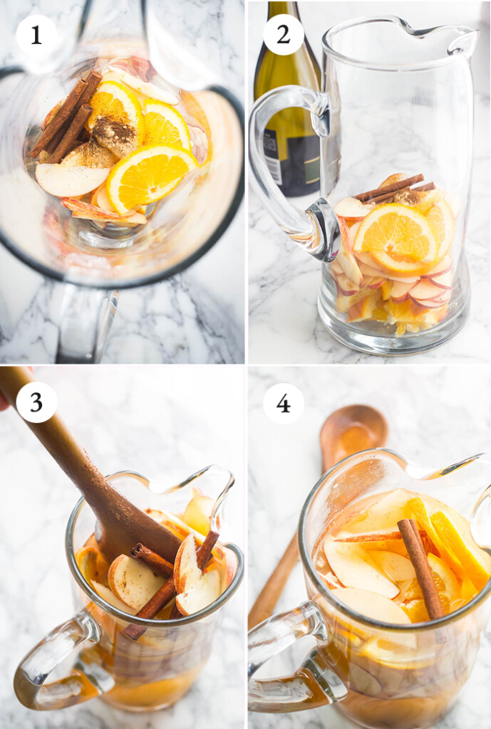 Step by step instructions for Apple Cider Sangria with oranges, apples, and cinnamon sticks.