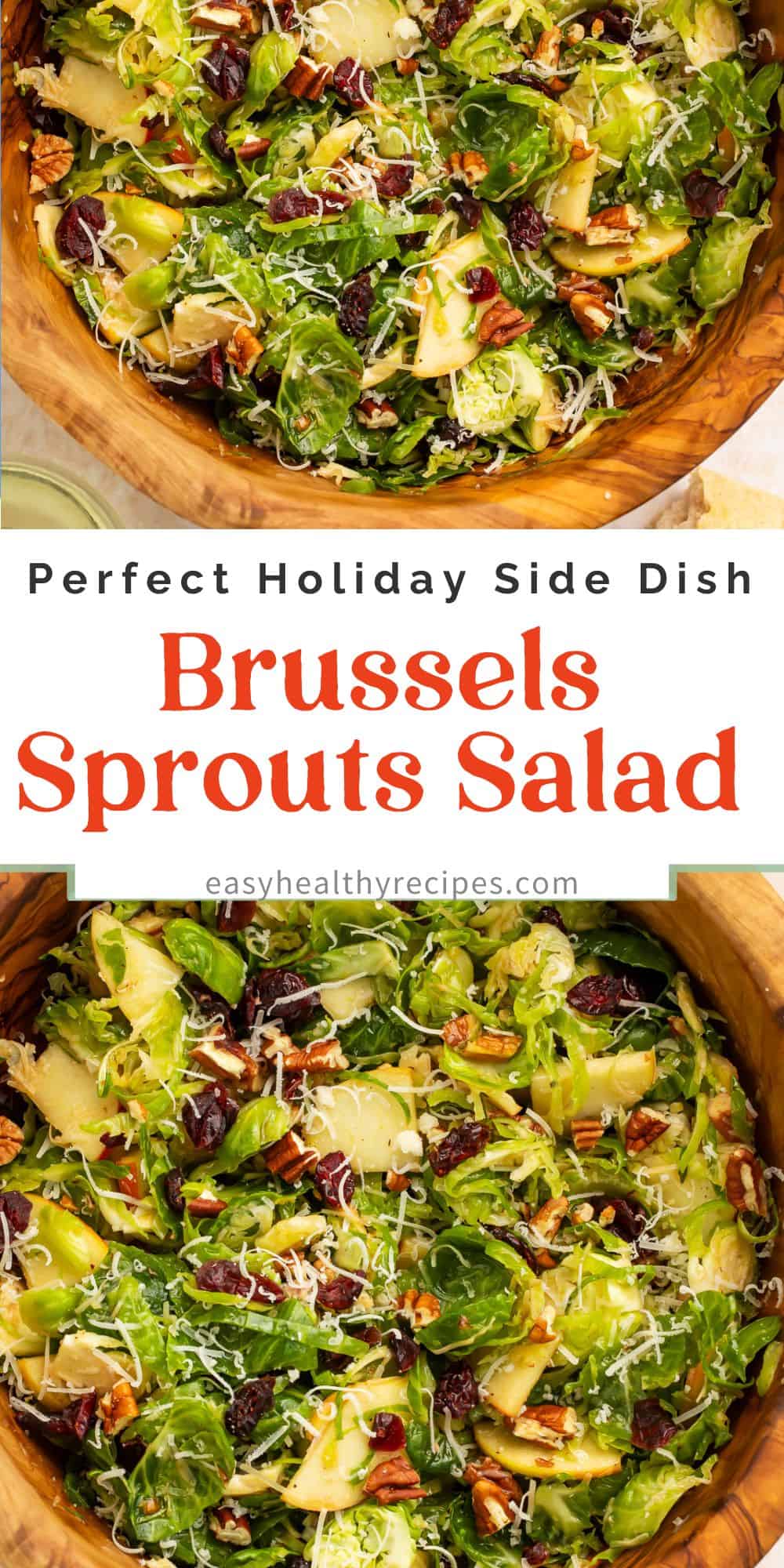 Close ups of a brussels sprout salad with dried cranberries in a wooden serving bowl. There is a Pinterest text overlay over the two images.