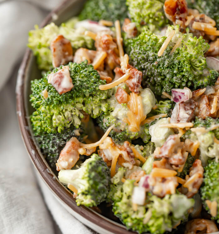 Bowl of keto broccoli salad