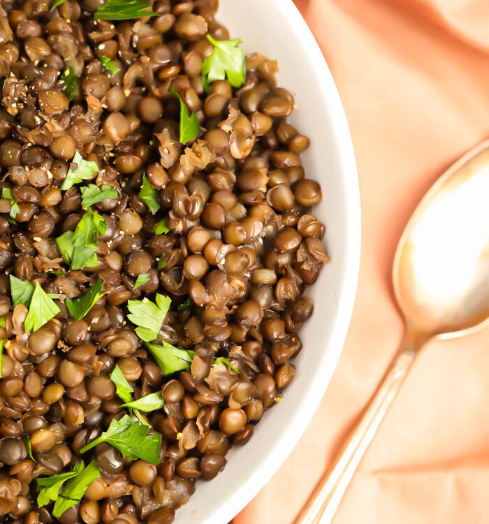 Bowl of French green lentils with a spoon