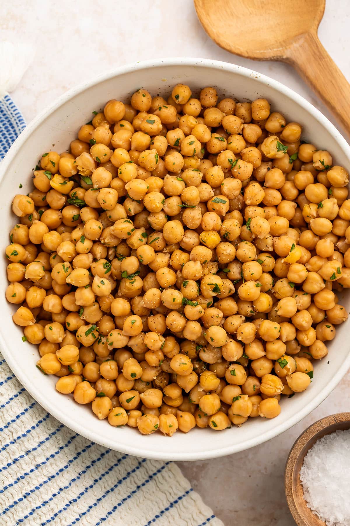 A large white bowl holding no-soak Instant Pot chickpeas.