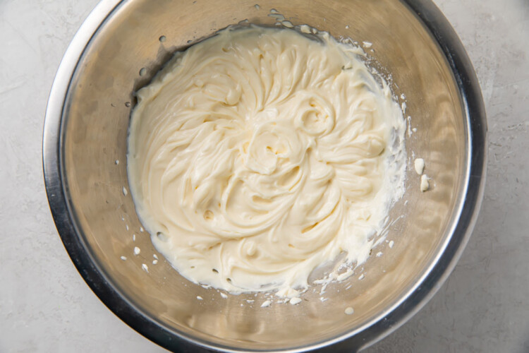 Cream cheese fat bomb filling in a silver mixing bowl