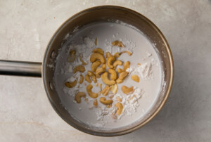 Cashews, coconut milk, and arrowroot in a small saucepan for vegan creme brulee