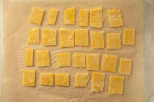 Keto dumpling dough cut into pieces