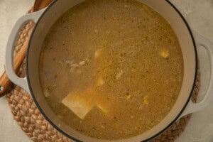 Keto chicken and dumpling mixture in a large pot