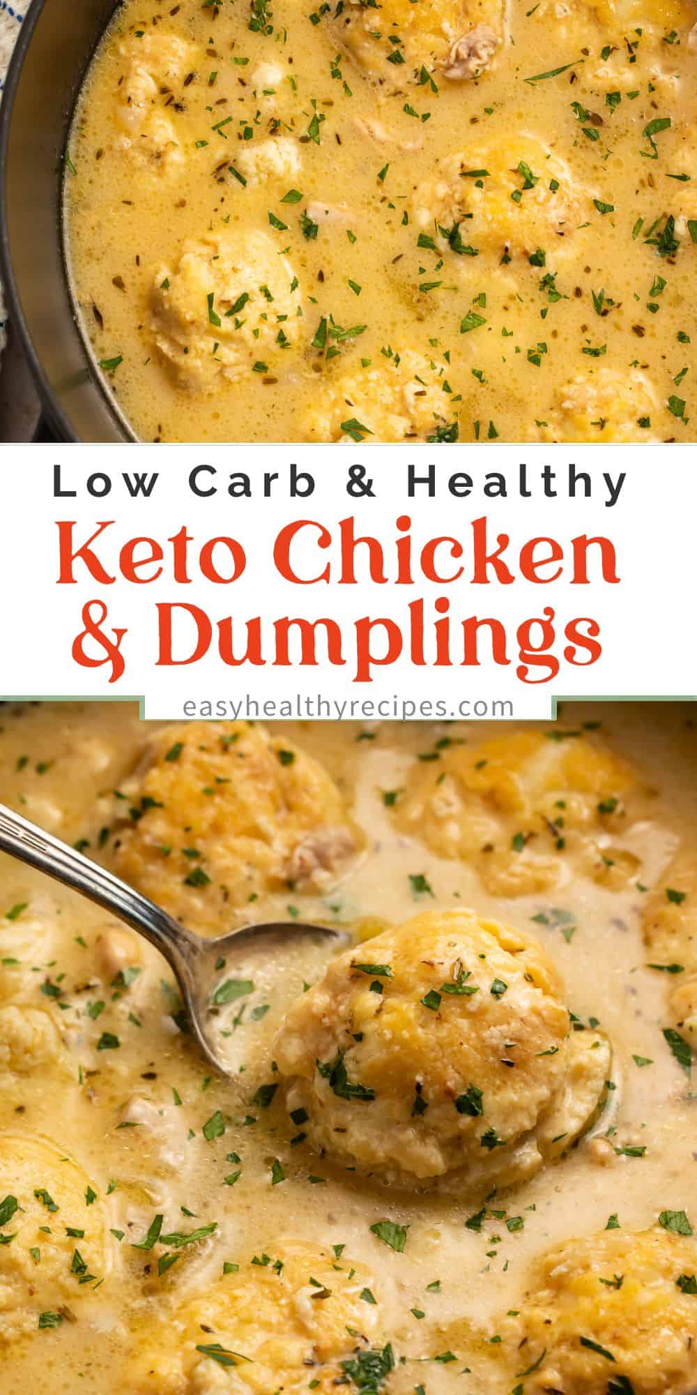 Two shots showing chicken and dumplings, one in the dutch oven and the other being lifted out with a spoon.