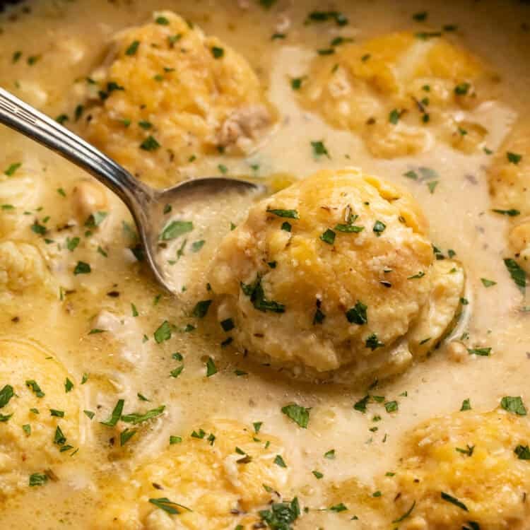 Spoon lifting a dumpling out of a Dutch oven of chicken and dumplings.