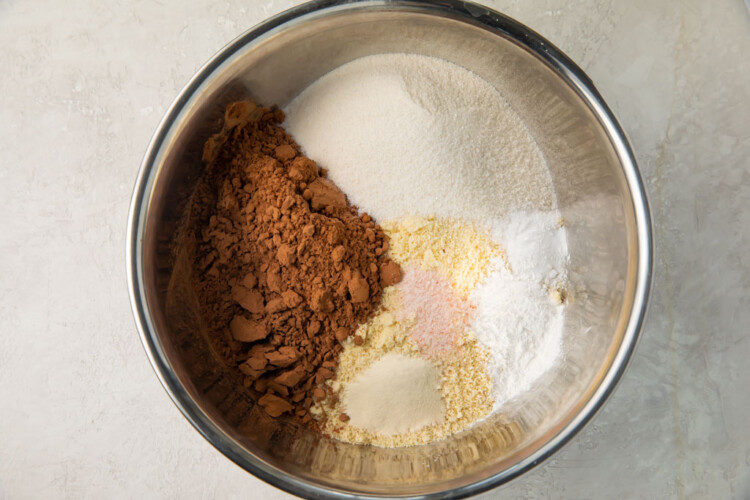 Dry ingredients for keto chocolate cake