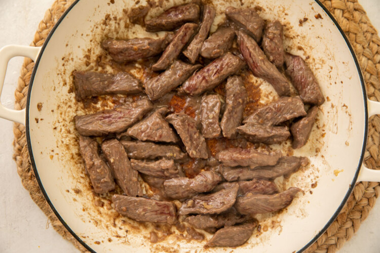 Beef strips in large bowl