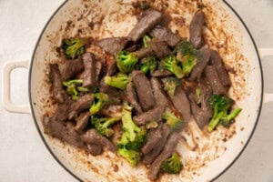 Beef and broccoli in large skillet