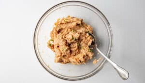Chicken gyoza filling in a large glass mixing bowl