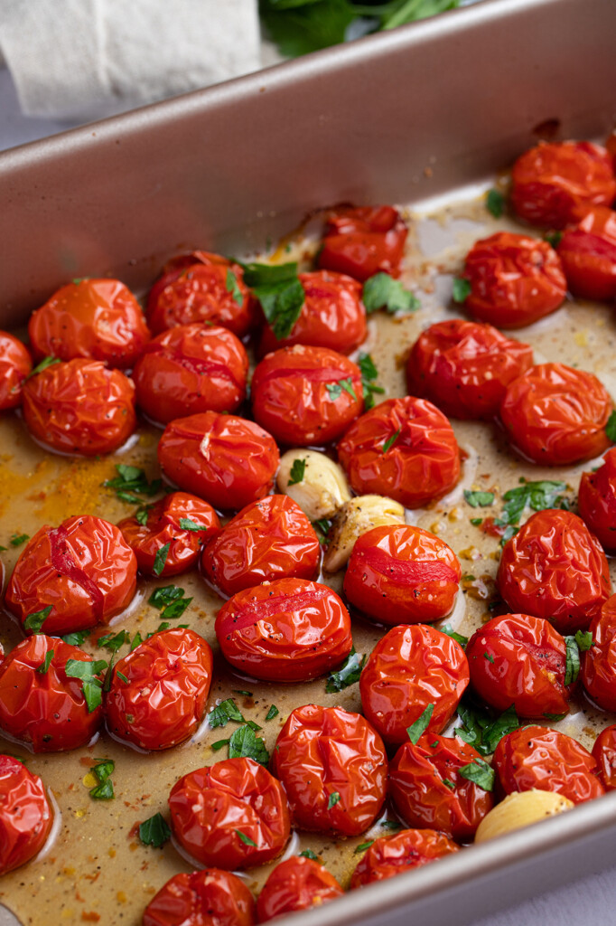 Roasted grape tomatoes in a pan