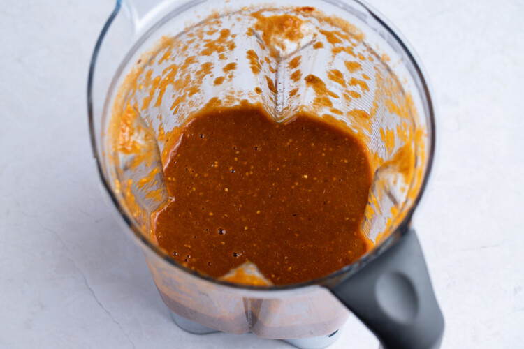 Tomatillo red chili salsa in a blender