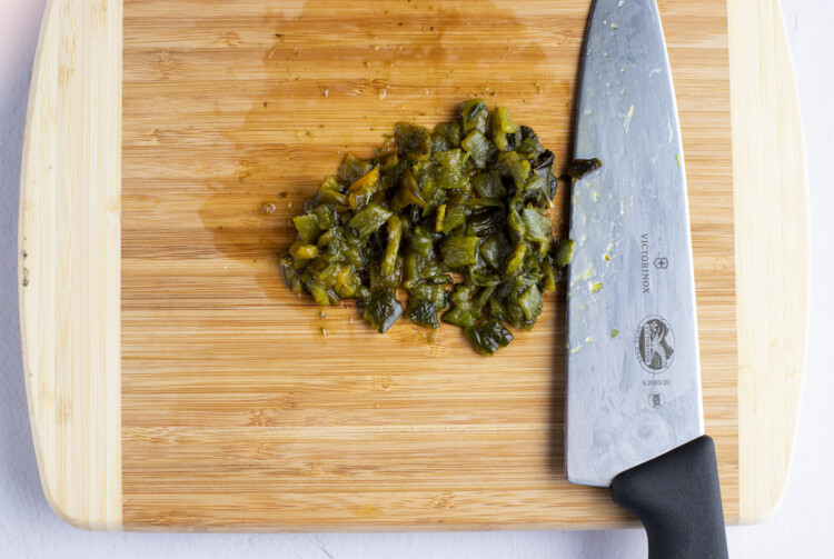 Chopped poblano pepper on a cutting board