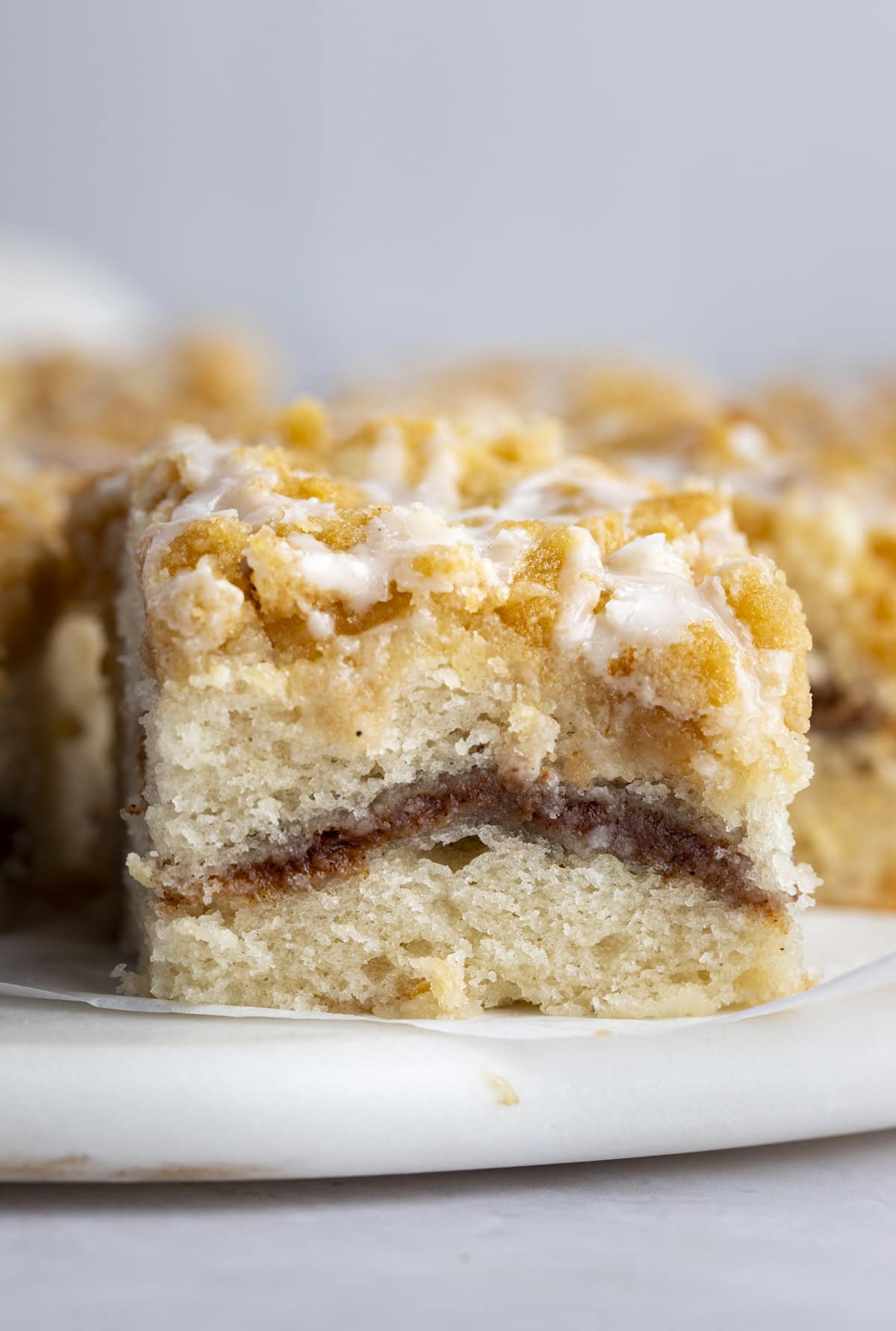 One square of vegan coffee cake close up