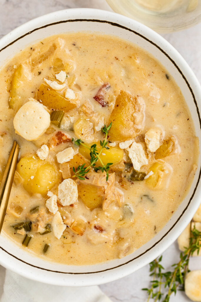 close-up overhead image of instant pot clam chowder