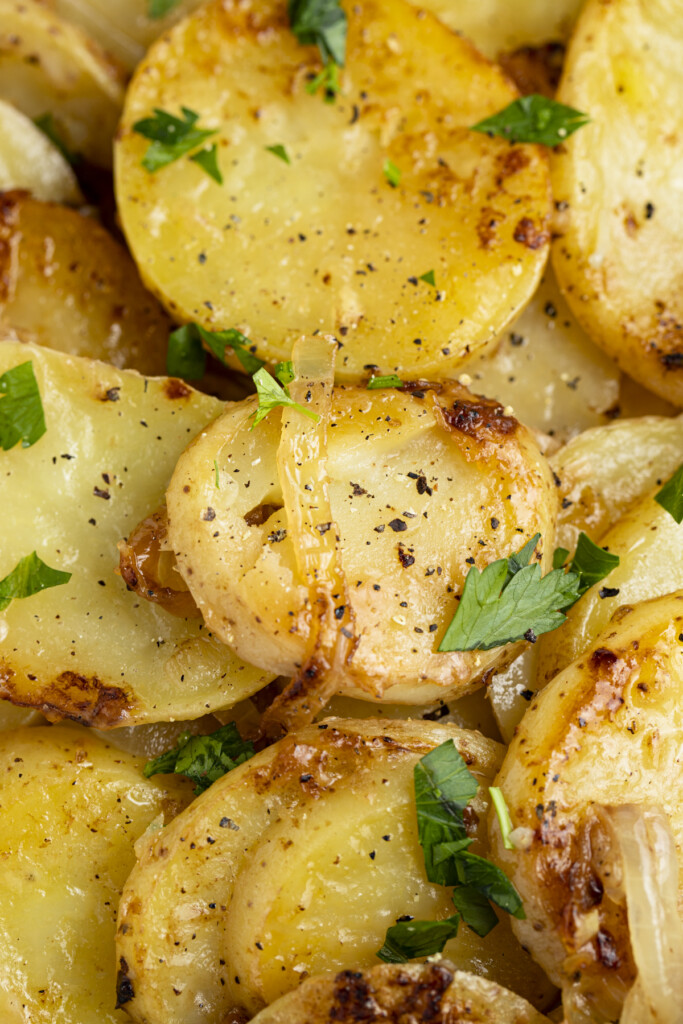 Closeup view of smothered potatoes