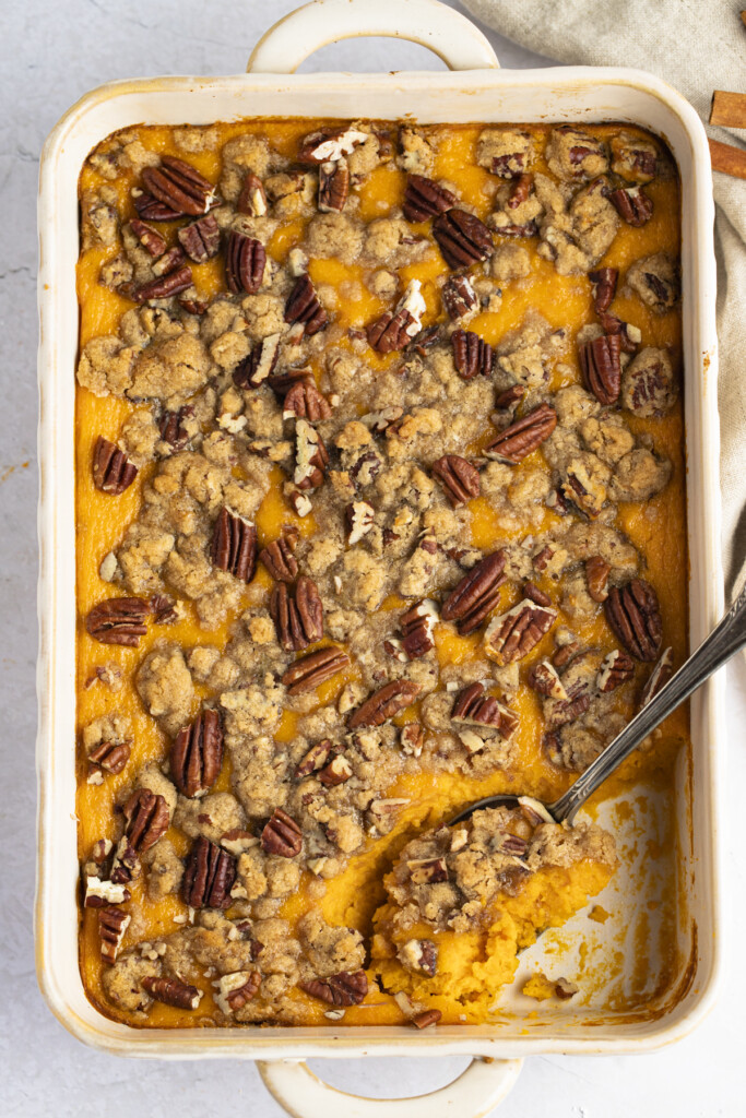 Overhead view of sweet potato pudding in a casserole dish