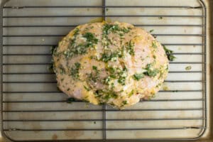 Turkey breast coated in garlic-herb butter sauce