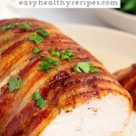 Pin graphic for bacon wrapped turkey breast