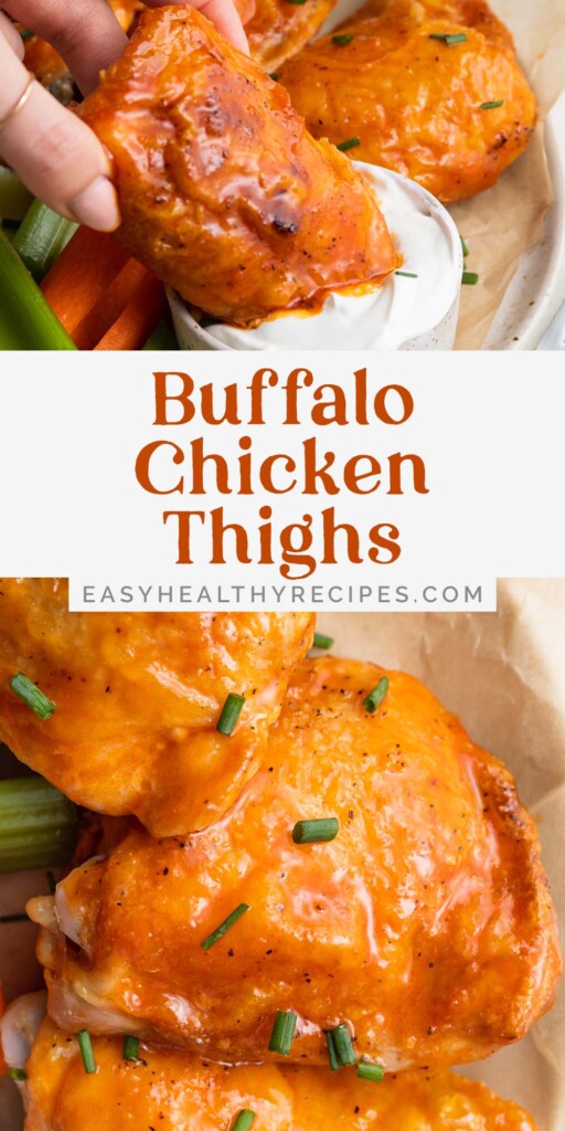 Pin graphic for buffalo chicken thighs