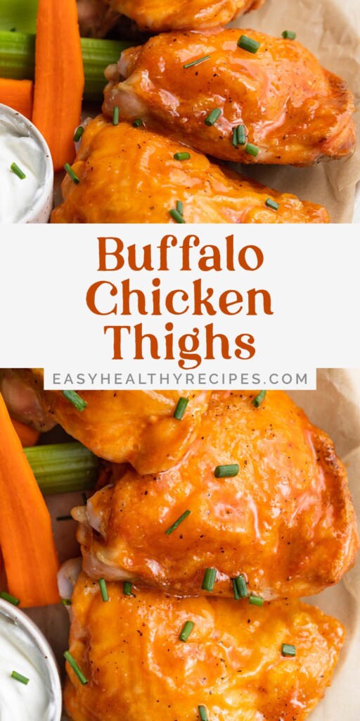 Pin graphic for buffalo chicken thighs