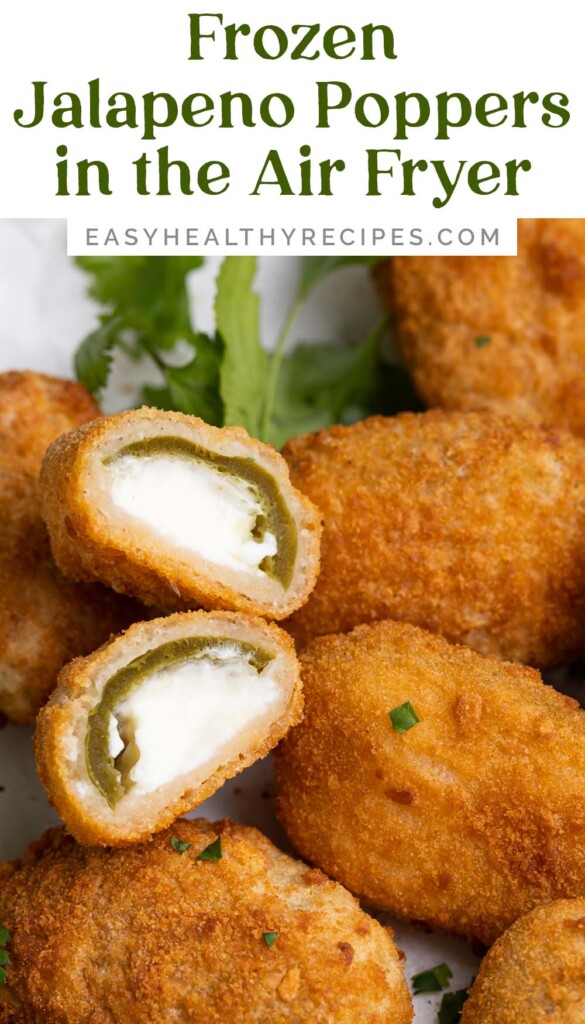 Pin graphic for frozen jalapeno poppers in the air fryer.