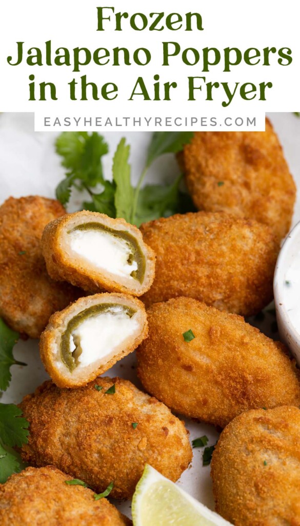 Pin graphic for frozen jalapeno poppers in the air fryer.