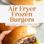 Pin graphic for frozen burgers in the air fryer.