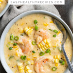 Pin graphic for shrimp and corn soup.