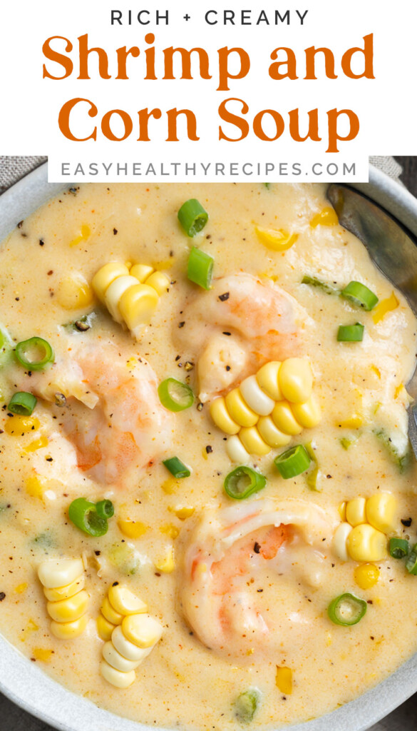 Pin graphic for shrimp and corn soup.