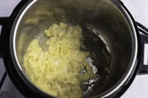 Overhead view of scrambled eggs in Instant Pot.