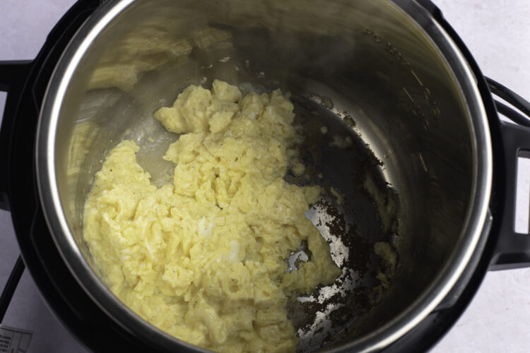 Overhead view of scrambled eggs in Instant Pot.
