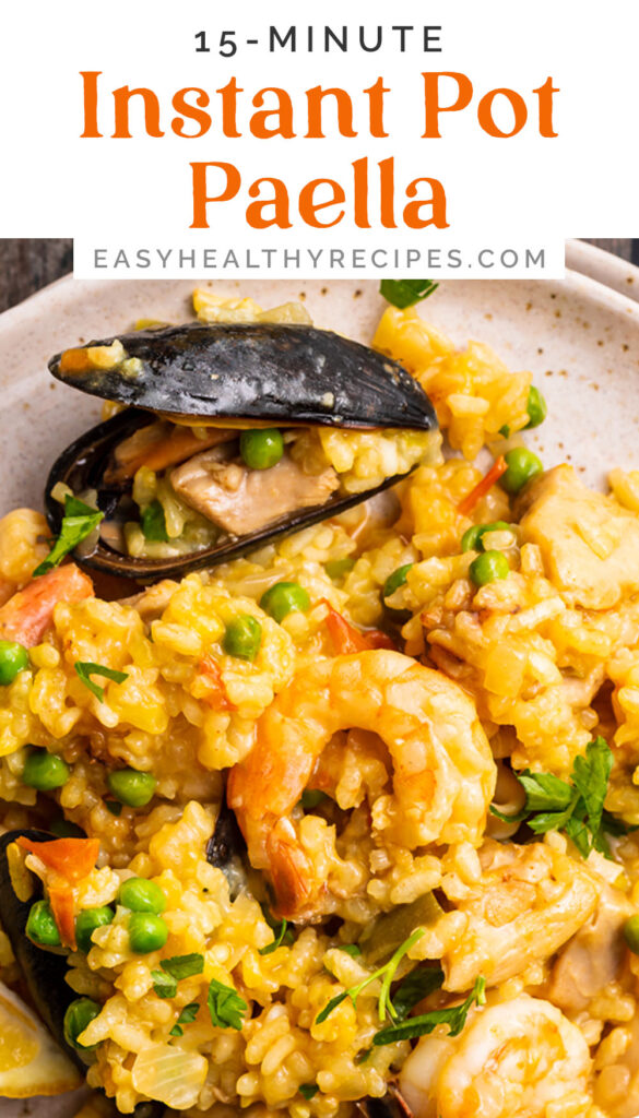 Pin graphic for Instant Pot paella.