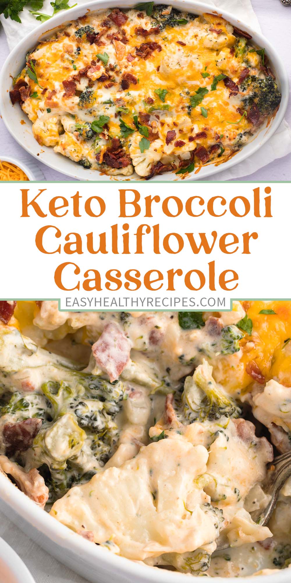 Pin graphic for keto broccoli cauliflower casserole.