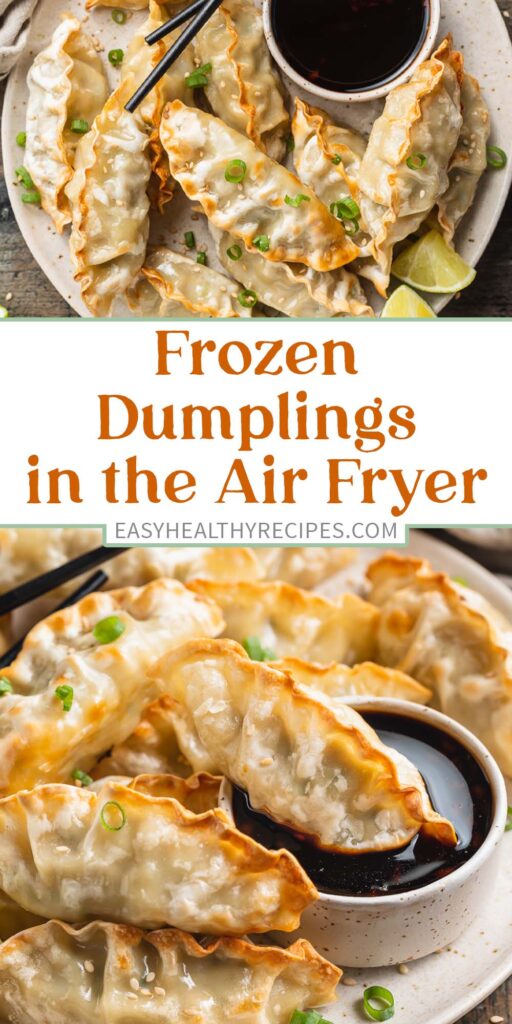 Pin graphics for air fryer dumplings.