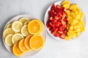 Overhead view of fresh fruit for jungle juice.