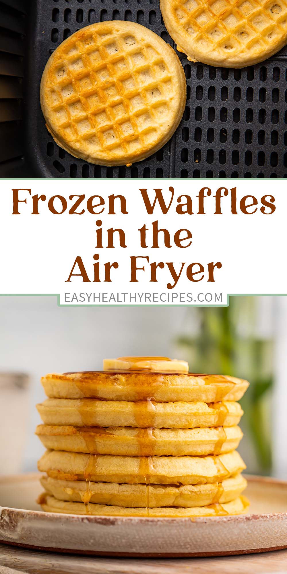 Pin graphic for frozen waffles in the air fryer.