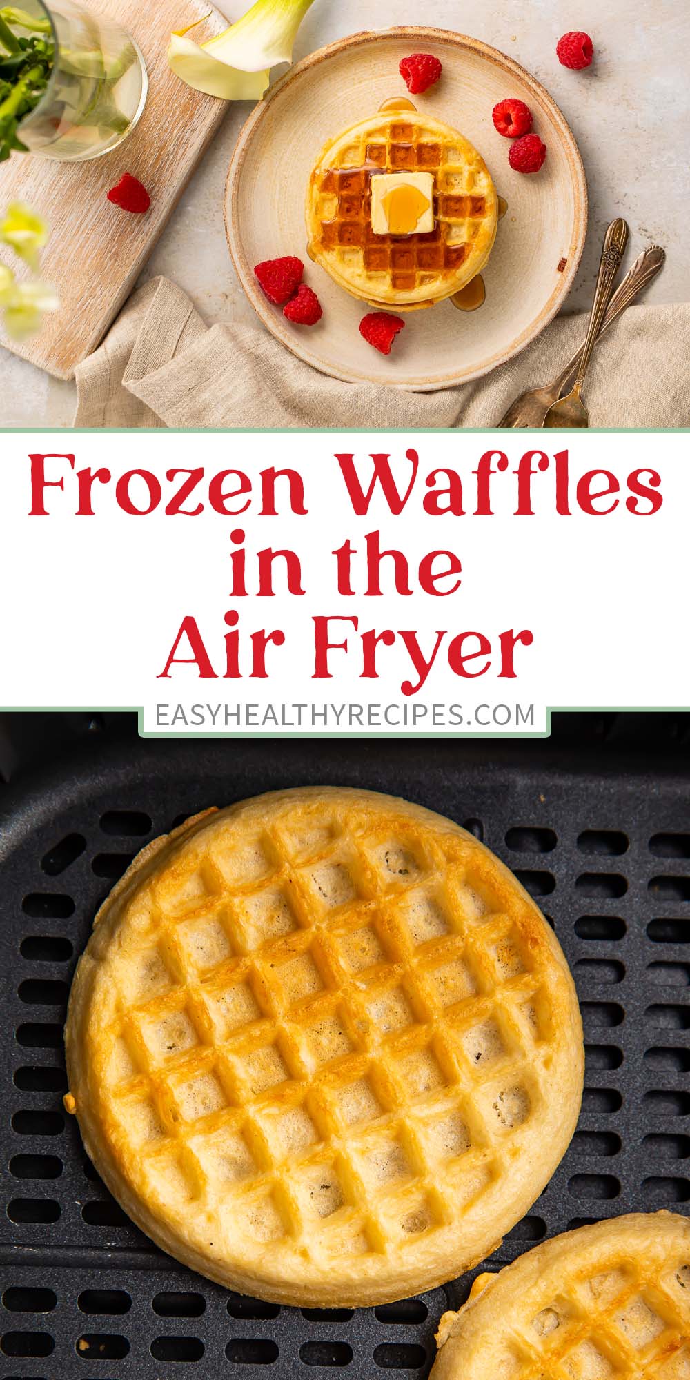 Pin graphic for frozen waffles in the air fryer.
