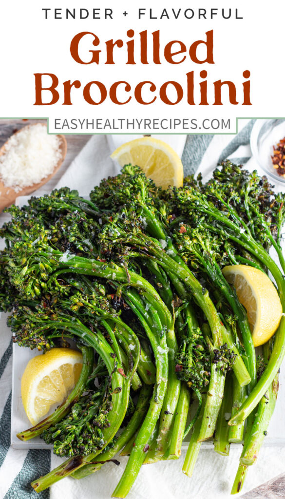 Pin graphic for grilled broccolini.