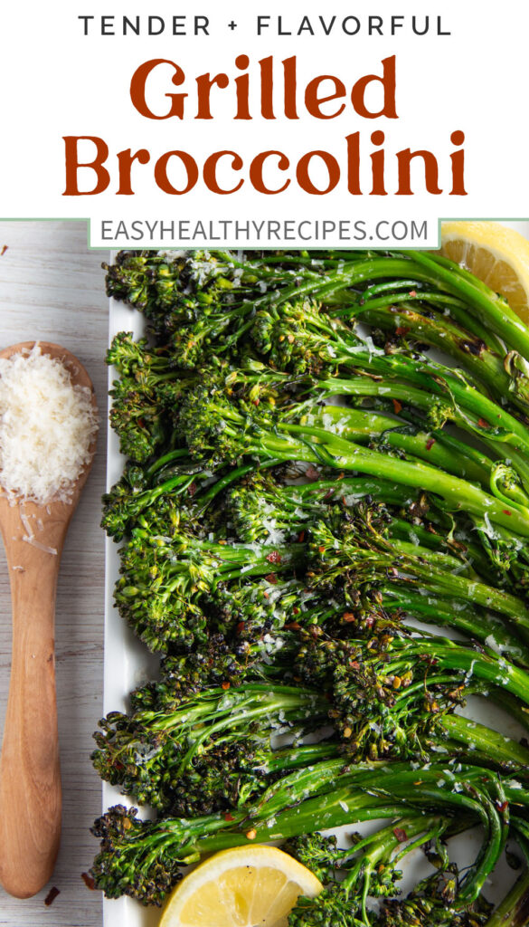 Pin graphic for grilled broccolini.