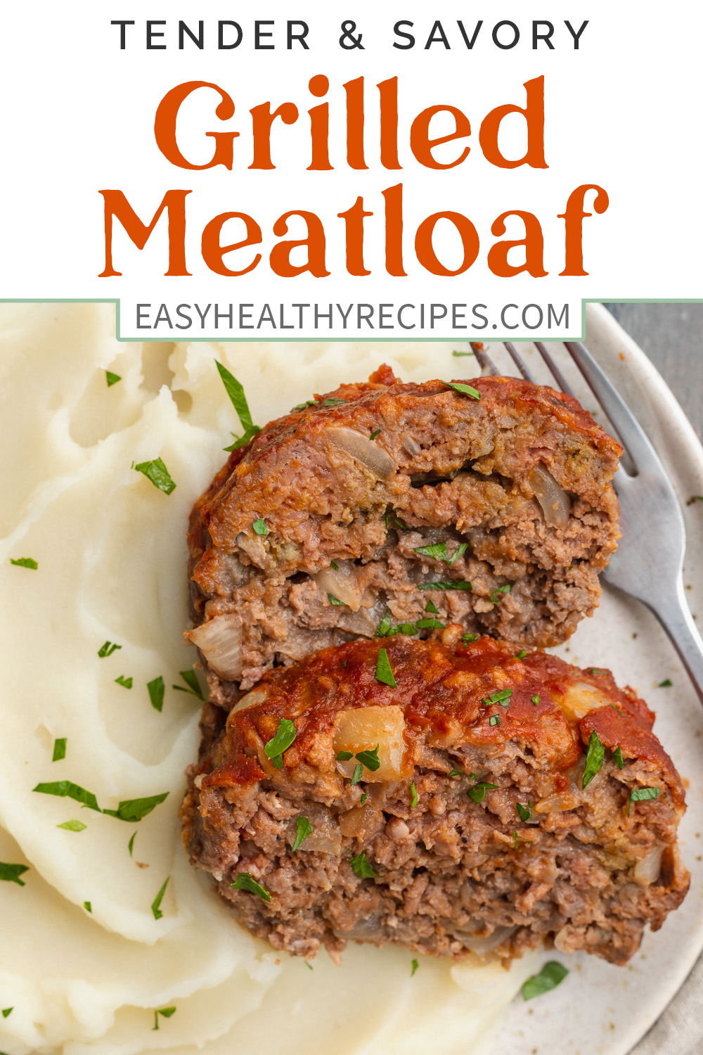 Pin graphic for grilled meatloaf.