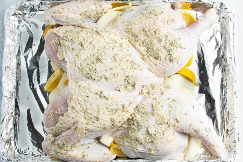 Overhead view of a spatchcocked turkey covered in compound butter resting in an aluminum disposable pan lined with foil.
