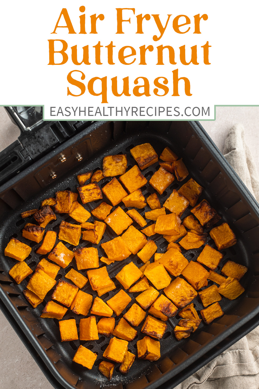Pin graphic for air fryer butternut squash.