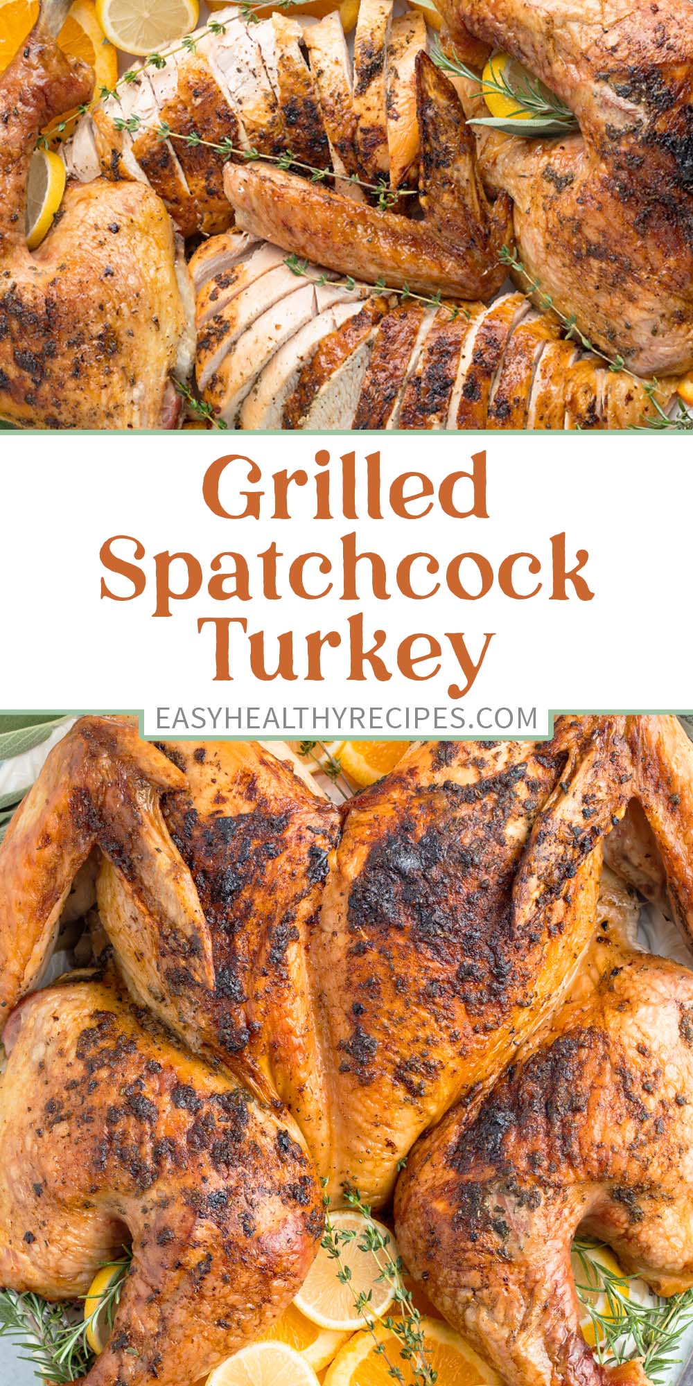 Pin graphic for grilled spatchcock turkey.